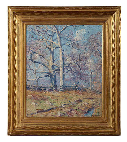 Ancient Trees, Springtime by Guy Carleton Wiggins : Ancient Trees, Springtime by Guy Carleton Wiggins Guy Carleton Wiggins (American, 1883-1962). Oil on canvas, heavy impasto, a spring landscape, signed l.r.; 24 x 19.5 in. (sight). Inscribed on ver
