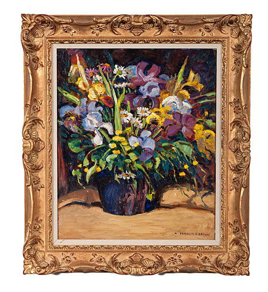 Spring Flowers by Francis Focer Brown : Spring Flowers by Francis Focer Brown Francis Focer Brown (Indiana, 1891-1971). Oil on masonite board, signed l.r., with Patricia Weiner Gallery label on verso; 23.5 x 19.5 in. (sight). Provenan