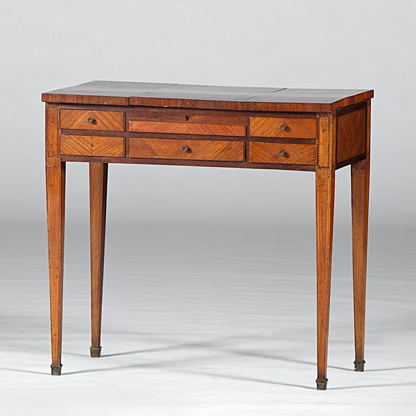 French Dressing Table : French Dressing Table Continental, ca 1930s. A mahogany dressing table with inlaid lift top, having lined interior compartments, mirror, and a lower band of drawers; ht. 29.75, wd. 31, dp. 19 in.