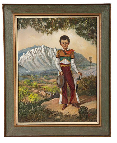 Boy in the Sierra Madre Mountains by Horacio : Boy in the Sierra Madre Mountains by Horacio Horacio Rentiara Rocha (Mexico, 1912-1972), 20th century. Oil on canvas portrait of a young boy holding a sword and cap, standing beneath a tree with an