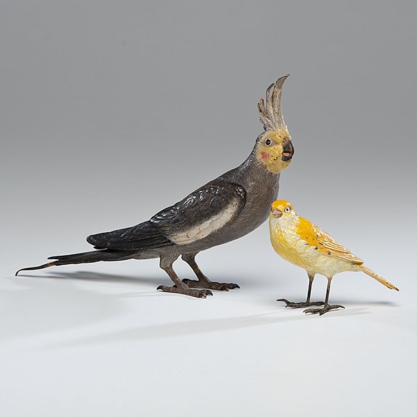 Bergman Cold-Painted Bronze Cockatiel and Canary : Bergman Cold-Painted Bronze Cockatiel and Canary Austrian, early 20th century. A Franz Bergman cold-painted polychrome bronze cockatiel, marked B within a vase on underside, and a yellow cold-painte