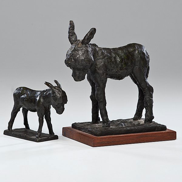 Bronze Donkeys by Carl Lewis Pappe : Bronze Donkeys by Carl Lewis Pappe Carl Lewis Pappe (Hungarian, 1900-1998). A pair of bronze donkeys, one rising on a wooden base with CARL PAPPE / TAXCO 74 incised in bronze, the other with CARL
