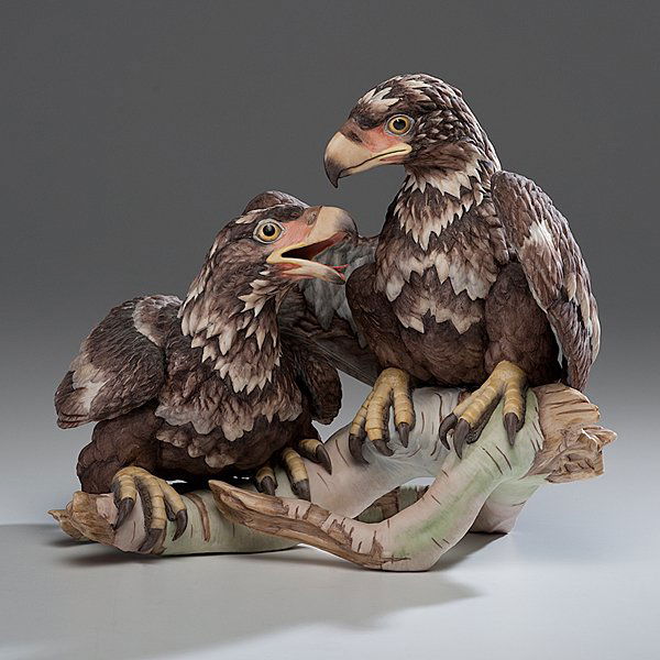 Boehm Young and Spirited : Boehm Young and Spirited American, 1976. A painted porcelain Boehm eaglet figural group perched on a branch, signed Boehm on base, marked Boehm / Edward Marshall Boehm / American Bald Eagle / 400