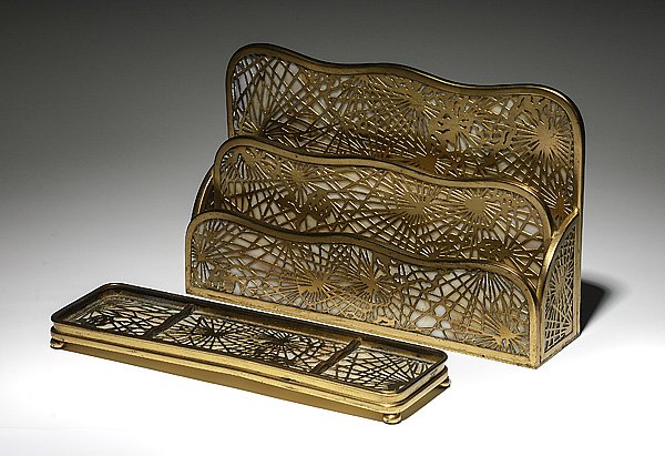 Tiffany Studios Desk Accessories : Tiffany Studios Desk Accessories American, early 20th century. A Tiffany Studios gilt metal and glass partial desk set in the Pine Needle pattern, including a two slot letter holder and a pen tray, 