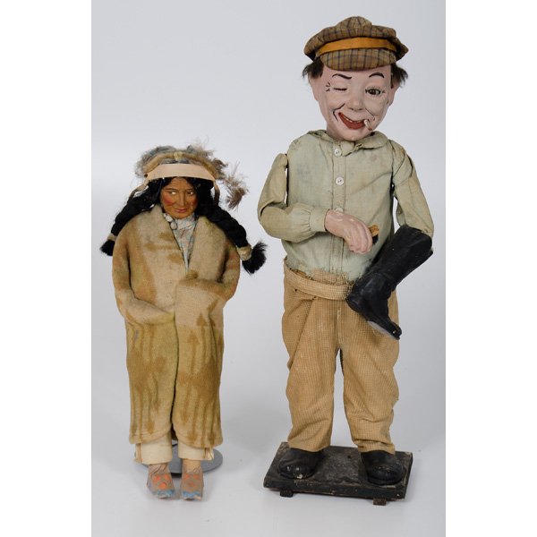 Composition Character Dolls, One Mechanical : Composition Character Dolls, One Mechanical Two dolls of composition, depicting a Native American, and a winking shoe shiner with brush in hand. The shoe shiner is mechanized; when his head is tou