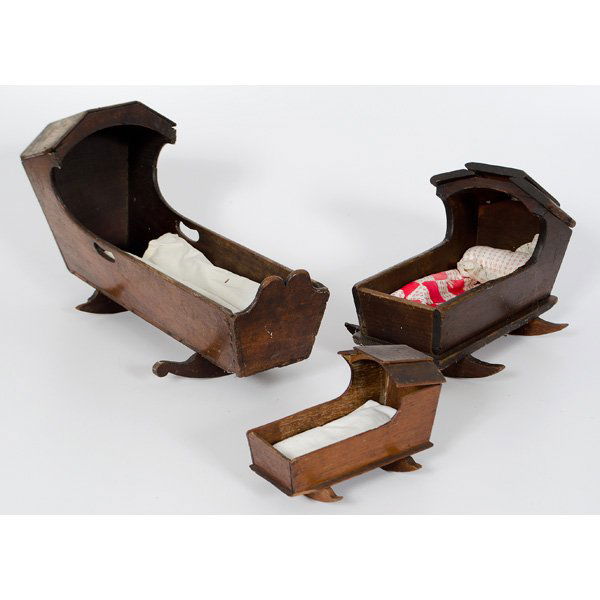 Doll Furniture : Doll Furniture Assembled group of wooden doll furniture, including three cradles, a Victorian upholstered chaise lounge, and a drop leaf table. One cradle branded on bottom 100/ C. HOLMAN/ 2nd/ DI