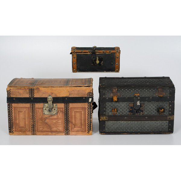 Victorian Doll Trunks : Victorian Doll Trunks Early 20th century, Three early wooden doll trunks, two with internal trays, original paper; largest ht. 7.5. lg 11.5, dp. 7.5 in.