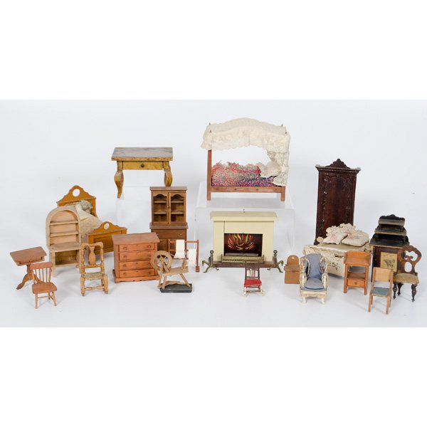Doll House Furniture : Dollhouse Furniture American. A twenty-one-piece assembled group of 19th century dollhouse furniture, including three beds, a fireplace, a table, a wardrobe, two hutches, miscellaneous chairs, and o