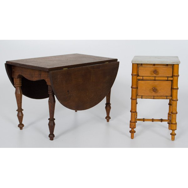 Miniature Furniture : Miniature Furniture A miniature mahogany drop leaf table; ht. 9, lg. 13 in; a two drawer bamboo stand with marble top; ht. 10, wd. 6 dp.6 in; a four poster cannon ball rope bed; ht. 9, lg. 14