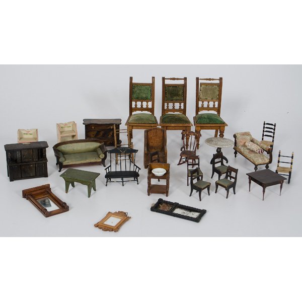 Dollhouse Furniture and Accessories : Dollhouse Furniture and Accessories A twenty-six piece assembled group of miniature dollhouse furniture including chairs, a wash stand, a sofa, bookshelf, tables, mirrors, chest-of-drawers, a