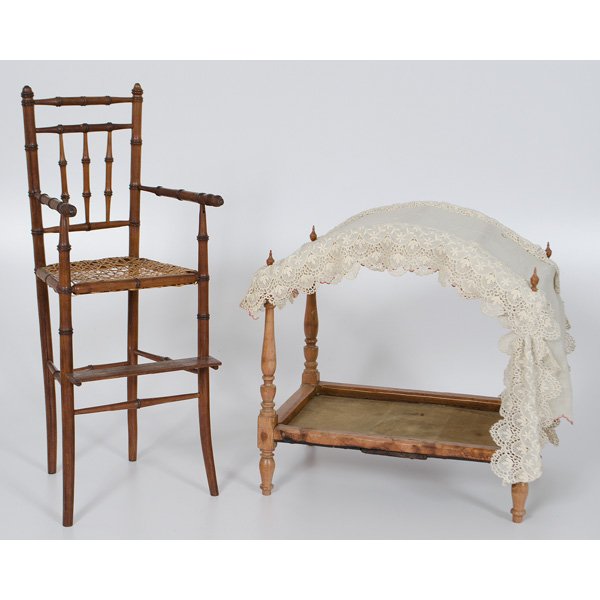 Child's Doll Furniture : Child's Doll Furniture American, 19th century. An assembled group of wooden doll furniture, including a four poster bed, a slat back chair with caned seat, a bamboo-style high chair, and a�