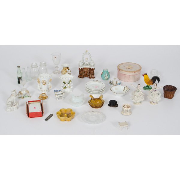 Collection of Miniatures : Collection of Miniatures An thirty-six piece assembled collection of miniatures including two porcelain dancers, marked Germany, miniature tortoise shell comb in sterling silver case, three miniatur