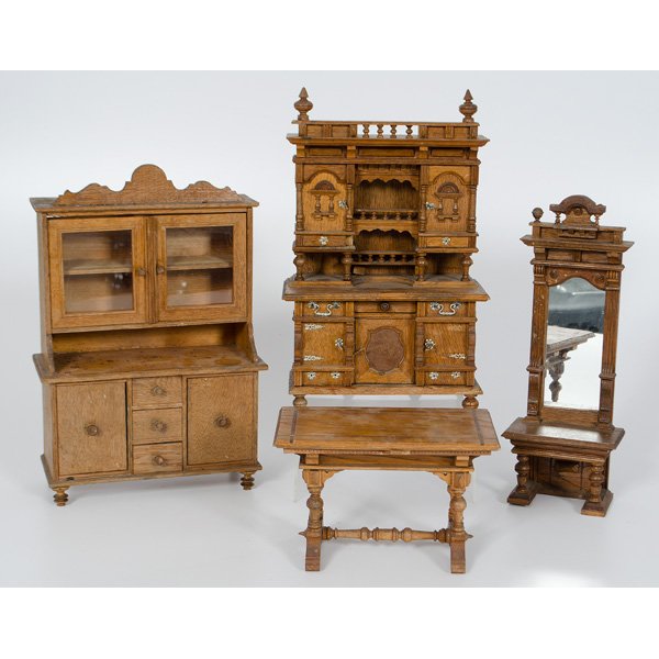 Doll House Furniture : Doll House Furniture An assembled group of Eastlake and Renaissance revival style wood furniture including table, breakfront cabinet, hall mirror and step back cupboard PLUS 6 miniature Limoges-st