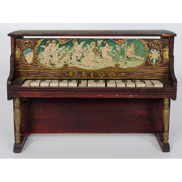Miniature Grand Pianos and Stool : Miniature Grand Pianos and Stool A miniature wooden upright Bliss piano with hinged top and decal decoration above the keyboard; ht. 19.25 in., Plus, a small four-legged circular stool, unmarked;