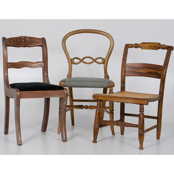 Child's Chairs : Child's Chairs American. An assembled group of three child's chairs, one Hitchock painted chair with caned seat, two having upholstered seats; largest ht. 23.25 in.