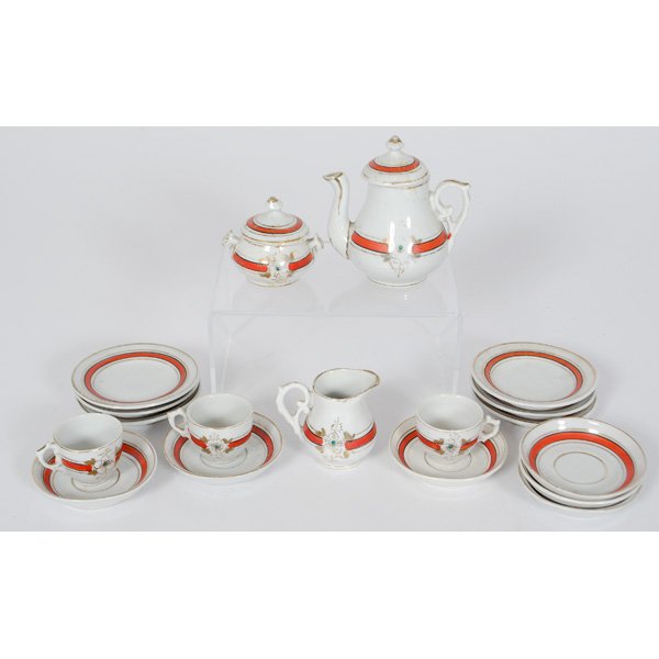 Child's Ironstone Luncheon Tea Set : Child's Ironstone Luncheon Tea Set Child's early orange band stoneware tea set, 18 pieces, includes teapot, creamer, sugar, three cups, six saucers and six luncheon plates; teapot; ht. 3.75 i