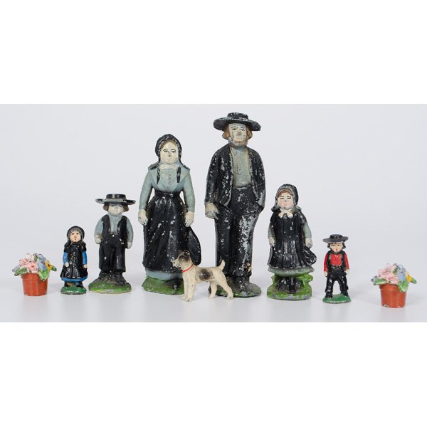 Leaded Amish Family Figurines, Plus : Leaded Amish Family Figurines, Plus Five Amish figurines, all with original paint PLUS a lead terrier and a pair of potted flowers, also with original paint; tallest 6.25 in.