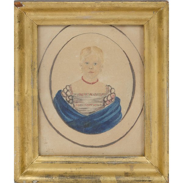 Early American Miniature Portrait of a Child on Pap: Early American Miniature Portrait of a Child on Paper American, ca 1830. Miniature watercolor and graphite portrait on paper in the style of John Brewster. The little girl is in attire appropriate f