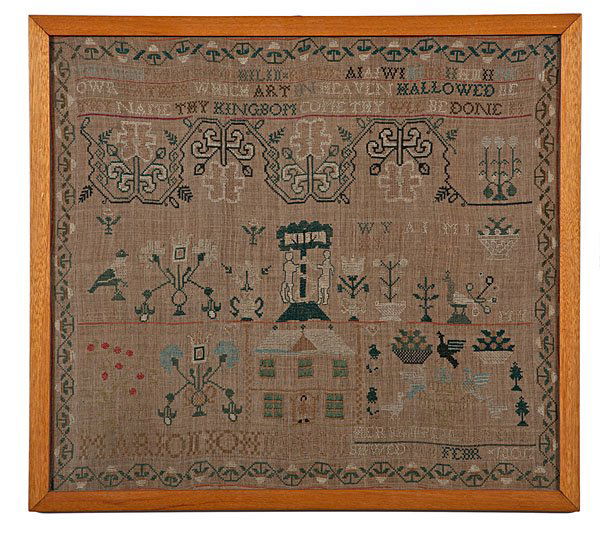 1812 American Sampler with Architecture & Figures: American Sampler, 1812 Probably American, dated 1812, Our Father inscription above. The design is very well done, centered around the tree of knowledge with Adam, Eve, and the serpent. Birds of vari
