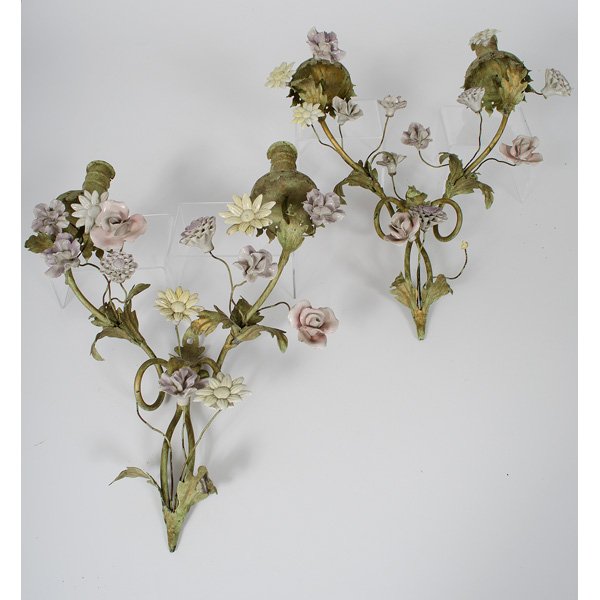 Porcelain and Metal Wall Sconces : Porcelain and Metal Wall Sconces Continental, 20th century. Metal wall sconces of climbing porcelain flowers, each sconce with two candle arms; ht. 8, wd. 14.5, dp. 6 in.