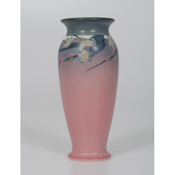 E.T. Hurley Rookwood Vase : E.T. Hurley Rookwood Vase A Rookwood vellum glaze vase with floral landscape design, by E.T. Hurley. dated 1925, impressed Rookwood logo, artist's incised signature, shape number 2721; ht. 6.25 in