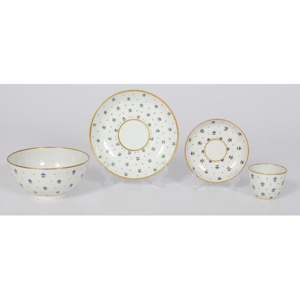 Crown Derby Tablewares : Crown Derby Tablewares British, 1800-1825. A four-piece group of Crown Derby hand-painted tablewares including a cup and saucer, and bowl with undertray, heightened by gilding, each marked for