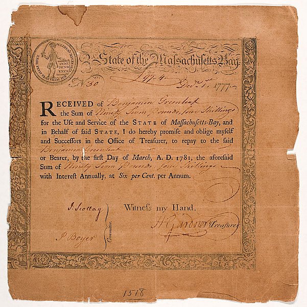 Engraved Massachusetts 1777 Sword in Hand T : Engraved Massachusetts 1777 Sword in Hand T Engraved by Nathaniel Hurd (Boston, 1729/30 -1777), son of Jacob Hurd, silversmith. Engraved treasury certificate with a floriate acanthus border and th
