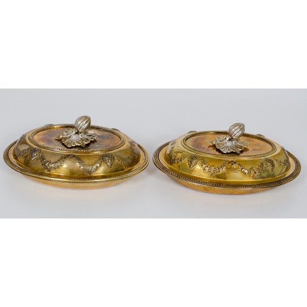 Edwardian Lidded Vegetable Dishes : Edwardian Lidded Vegetable Dishes English, early 20th century. A pair of silver plated, lidded vegetable dishes with gilt overlay, one marked, Mappin & Webb's Prince's Plate, each having a lid