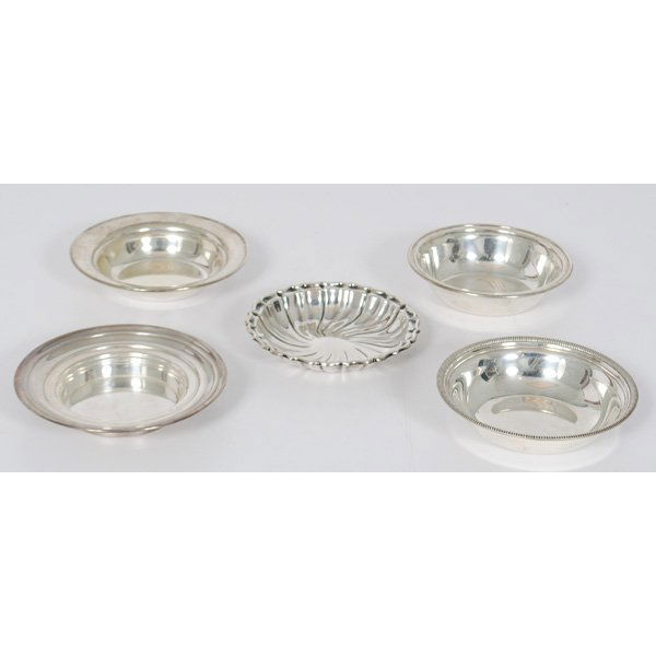 Sterling Wine Coasters : Sterling Wine Coasters American. An assembled group of five sterling silver coasters, one marked Randahl / Sterling, one marked Towle / Sterling, one with hallmark for Manchester Sterling Co. and ma