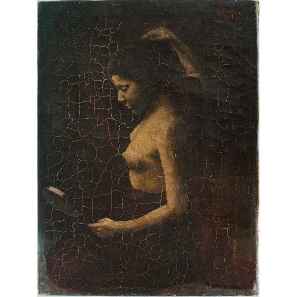 Polynesian Figure with Mirror, Oil on Canvas : Polynesian Figure with Mirror, Oil on Canvas Early 20th century, oil on canvas, signed indistinctly in u.r.; 20 x 15 in.