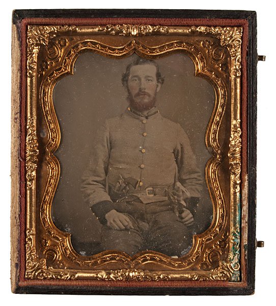 Outstanding 6th Plate Ambrotype of Early TN Cavalry: Outstanding Sixth Plate Ambrotype of Early Tennessee Cavalryman A clear plate ambrotype backed with dark velvet featuring a young bearded Southern cavalryman armed with a War of 1812 era saber and h