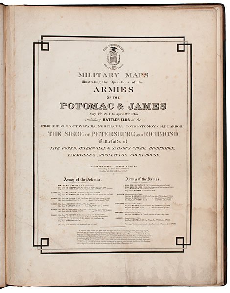 Military Maps Illustrating the Operations of the Ar: Military Maps Illustrating the Operations of the Armies of the Potomac & James, Office of Chief Engineers, 1869 Bound set of 13 maps, housed in three quarter leather binding, with MAPS in gilt on s