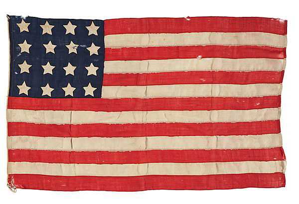 16-Star American National Flag with "Blood Stripe" : 16-Star American National Flag with "Blood Stripe" Worested wool, 39 x 62.5 in., with 16 hand-sewn, double-appliquéd cotton stars configured in 4/4/4/4 horizontal rows. The fly with 13 hand-sewn st