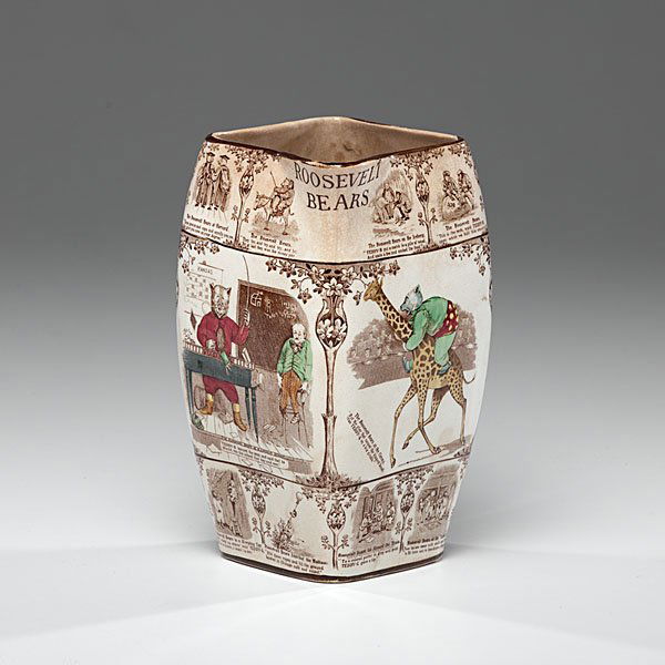 Theodore Roosevelt Bears Pitcher by Buffalo Potter: Theodore Roosevelt Bears Pitcher by Buffalo Pottery American pitcher, ca 1907, of polychrome transfer printed earthenware, covered with scenes and quotations from The Roosevelt Bears, a series of ch