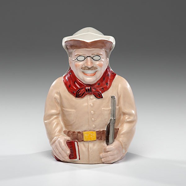 Theodore Roosevelt Rare Ceramic Toby Pitcher : Theodore Roosevelt Rare Ceramic Toby Pitcher Figural pitcher, 7.5 in. tall, 6 in. wide, depicting Theodore Roosevelt in safari dress, with the belt buckle marked T.R. The most unique feature of the 