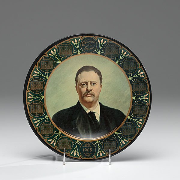 Theodore Roosevelt Scarce Lithographed Tin Calenda: Theodore Roosevelt Scarce Lithographed Tin Calendar Plate Lithographed tin calendar plate featuring a portrait of Theodore Roosevelt after John Singer Sargent's painting, dated 1905, with each mont