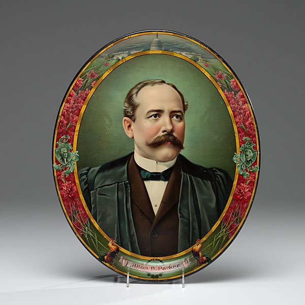 Alton B. Parker Colorful Serving Tray : Alton B. Parker Colorful Serving Tray Scarce lithographed metal tray featuring a portrait of Judge Alton B. Parker, the Democratic nominee for President in 1904, dressed in his judicial robes, with 