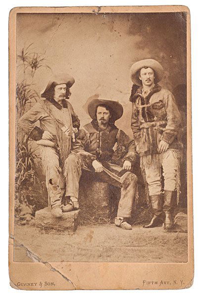 Ned Buntline, Buffalo Bill, and Texas Jack, Cabine: Ned Buntline, Buffalo Bill, and Texas Jack, Cabinet Card Photograph Group portrait of Ned Buntline, Buffalo Bill, and Texas Jack Omohundro, with Gurney & Son, Fifth Ave., NY imprint on mount recto a