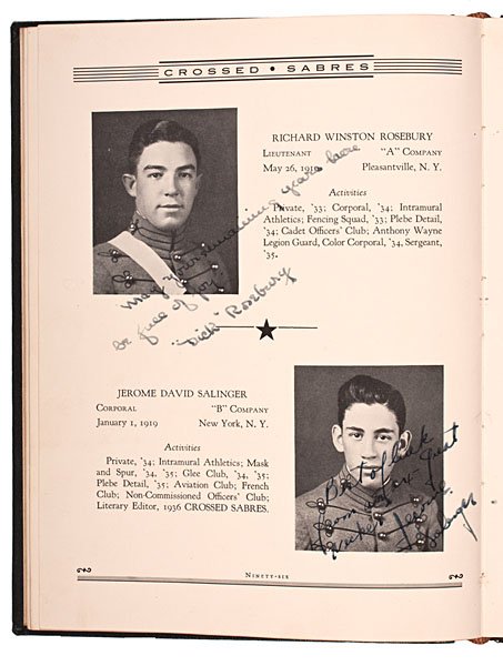 J.D. Salinger Inscribed Crossed Sabres Yearbook, V: J.D. Salinger Inscribed Crossed Sabres Yearbook, Valley Forge Military Academy, Plus Lot of 4, including 3 prep school yearbooks from the Valley Forge Military Academy, located in Wayne, Pennsylvani
