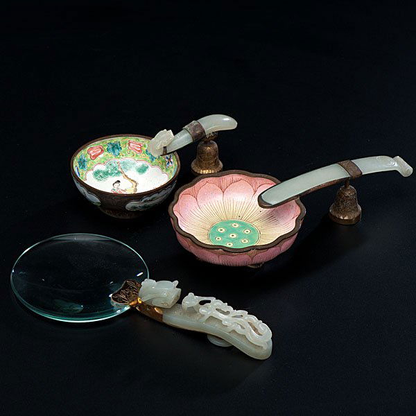 Chinese Ashtray & Magnifying Glass in Jade & Enamel: Chinese Ashtrays and Magnifying Glass in Jade and Enamel A fine grouping of ashtrays and a mirror. Magnifying glass consisting of gold band connecting looking glass and re-purposed celadon jade
