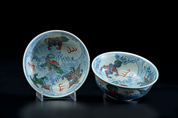 Pair of Chinese Bowls : Pair of Chinese Bowls 19th century, Qing Dynasty. A pair of Wutsai bowls with underglaze blue decoration and enamels of mythical animals, each with six character Wan Li mark; each diameter 5.25 in
