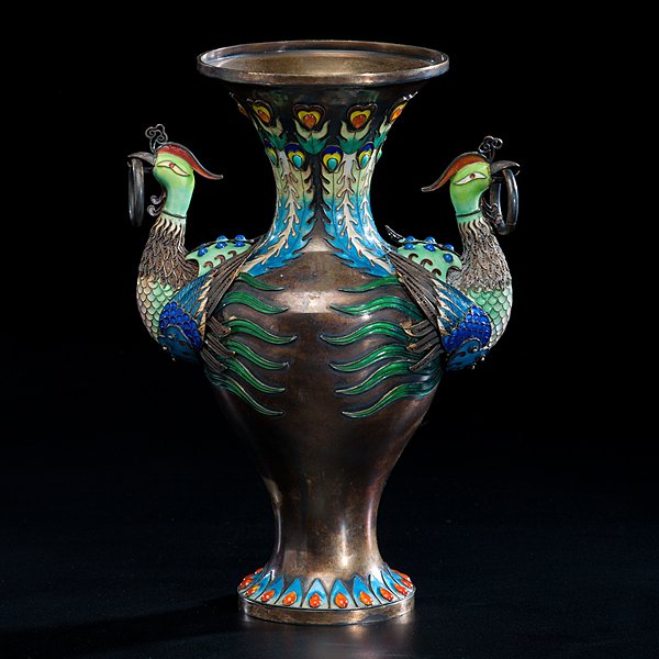 Chinese Silver and Enamel Vase : Chinese Silver and Enamel Vase Early 20th century. A fine silver and enamel decorated vase having phoenix handles and decoration of filigree work, the enamel set with cabochons of carnelian, turqu