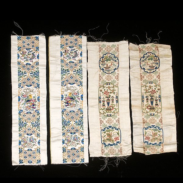 Chinese Embroidered Altar Coverings : Chinese Embroidered Altar Coverings All early 20th or 19th century. A group of four embroidered altar covers, a pair with woven dragon patterns on blue ground, and a smaller pair with figural embr