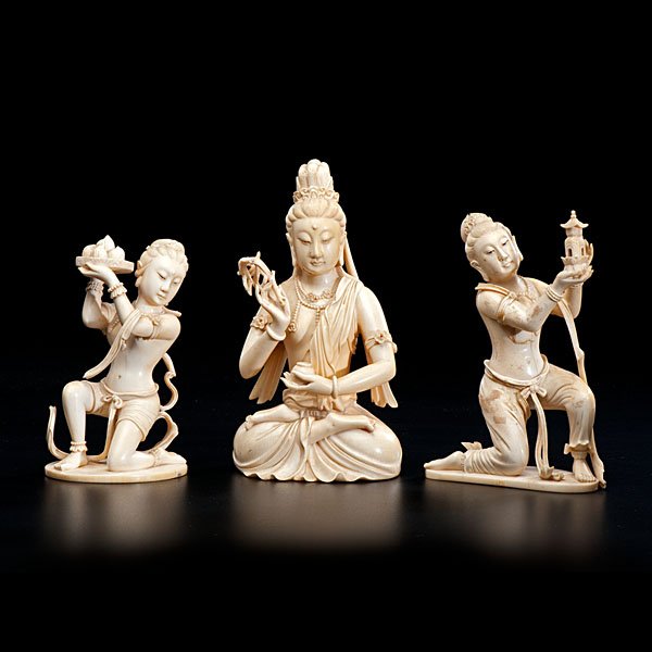 Chinese Carved Ivory Mitreya and Apsara : Chinese Carved Ivory Mitreya and Apsara 19th century. Three carved ivory figures, including central image of Mitreya holding willow wand in benediction, flanked by a pair of Apsara with offerings; 