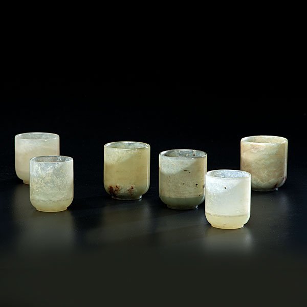 Collection of Chinese Hardstone Cups : Collection of Chinese Hardstone Cups 20th century. A group of six soapstone wine cups in spinach tones; ht. 2.25 in. Property of Conner Prairie Historical Site, Fishers, IN, sold to benefit the c