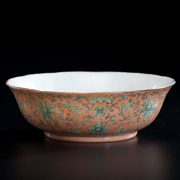 Chinese Porcelain and Enamel Dish : Chinese Porcelain and Enamel Dish 19th century. A porcelain bowl molded with chrysanthemum. Designed with salmon pink ground behind stylized scrolling lotus and bats in lime green and turquoise e
