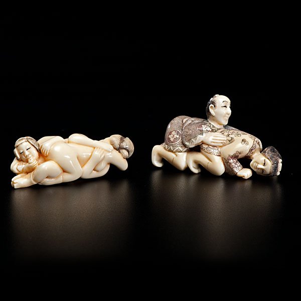 Japanese Erotic Woodcuts, Plus : Japanese Erotic Woodcuts, Plus Japanese. Three erotic hand-colored woodcuts; 7.5 x 10.25 in., PLUS two erotic Japanese ivory netsuke; largest lg. 2.5 in.