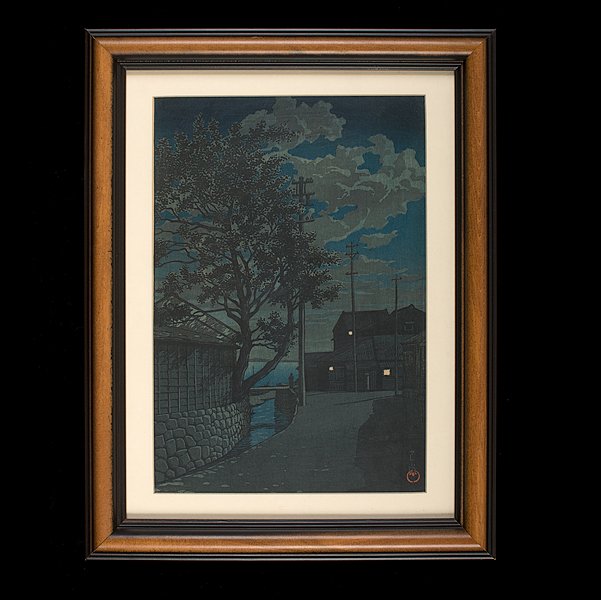 Japanese Woodblock by Kawase Hasui : Japanese Woodblock by Kawase Hasui Kawase Hasui (Japanese, 1883-1957). Woodblock in colors of a night scene, with 6 mm gray Watanabe publisher seal l.r.; 13.75 x 9.5 in. (sight).