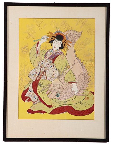 Japanese Woodblock by Paul Jacoulet : Japanese Woodblock by Paul Jacoulet Paul Jacoulet (French, 1902-196). Woodblock in colors with gold and silver metallic pigments, titled Ebisu, God of Luck, Personified by a Courtesan of the Shi