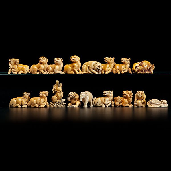 Collection of Japanese Ivory Animal Netsukes : Collection of Japanese Ivory Animal Netsukes 20th century. A fine group of animal carvings, made for netsuke, several stained and most well polished and crisply carved; tallest ht. 2.25 in.